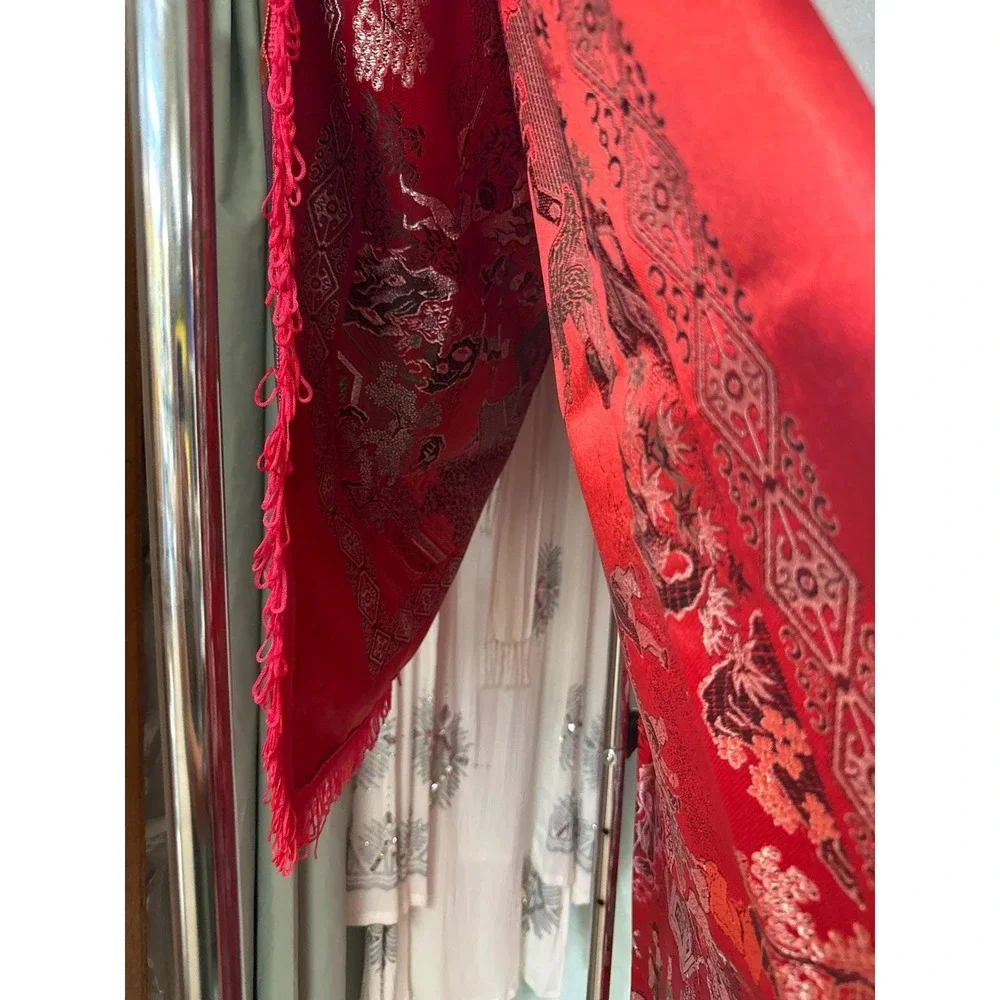 Vintage Chinese Red Silk Brocade Tapestry Bedspread Pagoda Scene Fringe 53x77